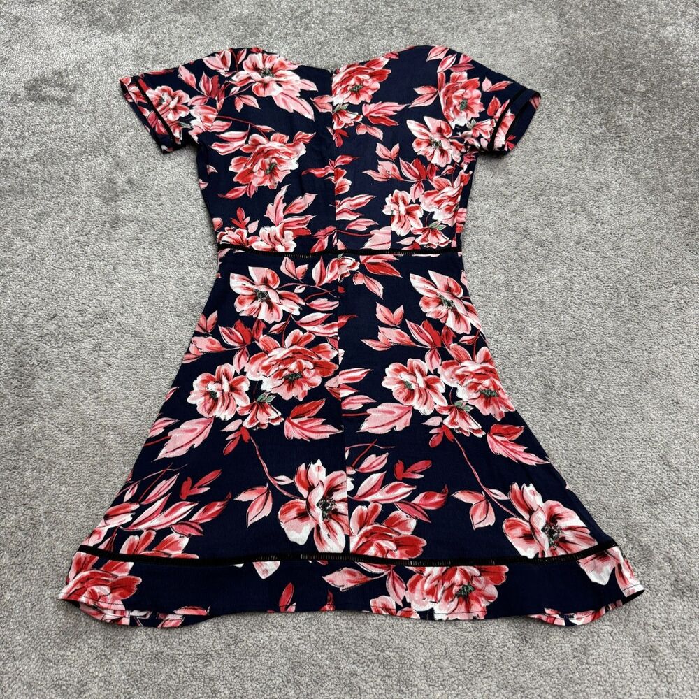 Aqua Lace Trim A-Line Floral Mini Dress Women Medium Navy Pink V-Neck Rayon Boho